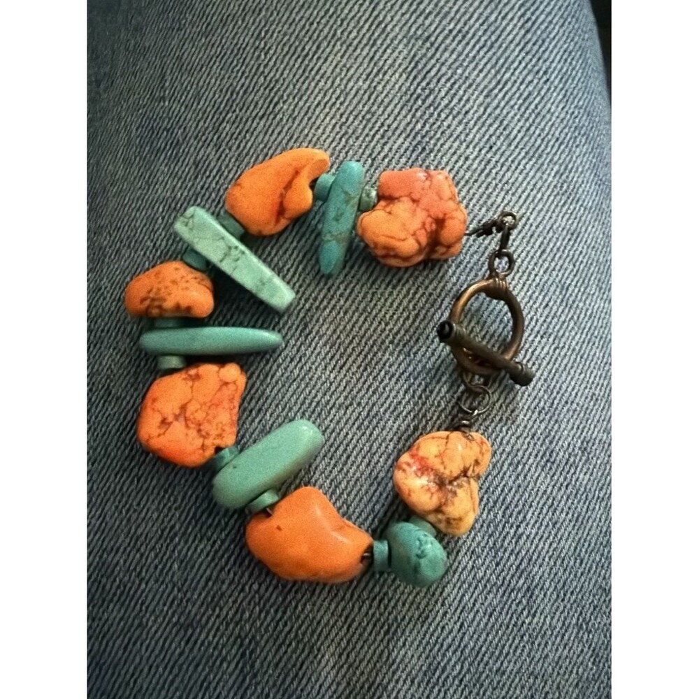 Chunky Orange Turquoise Stone Bead Bracelet Rigid Formable Memory Wire 6in